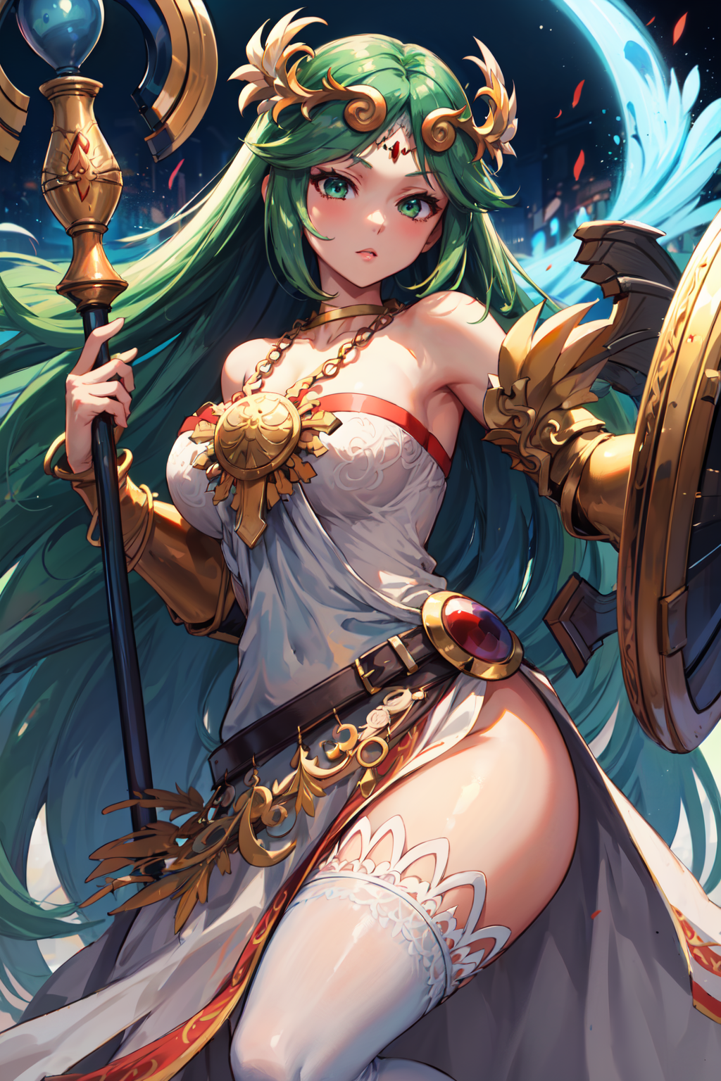 masterpiece,best quality,1girl,hmpa1,palutena,parted bangs,tiara,large breasts,necklace,bare shoulders,strapless dress,vam...